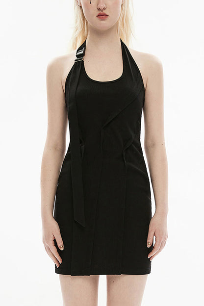 Gothic Dress with Halter Neck, Pleated Stretch Fabric for Her