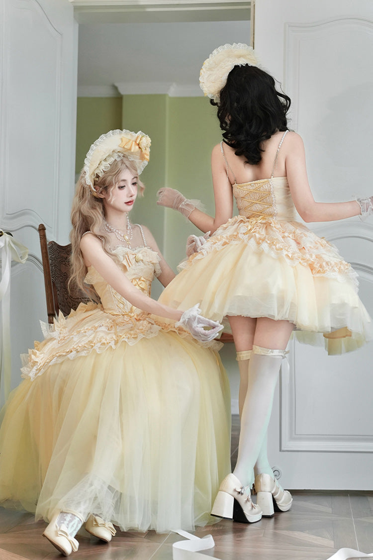 Sissi's Pilgrimage Off Shoulder Ruffle Bow Lace Sweet Lolita Short Skirt in Yellow