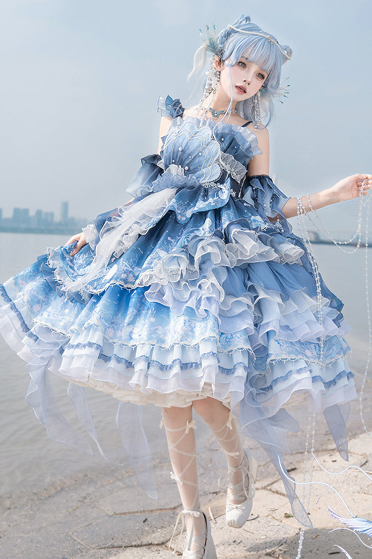 Gradient Printed Ruffled Embroidered Bow Lace Asymmetric Sweet Elegant Lolita JSK
