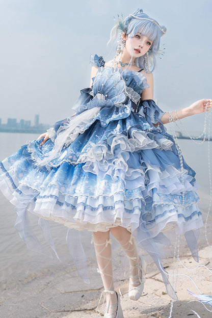 Gradient Printed Ruffled Embroidered Bow Lace Asymmetric Sweet Elegant Lolita JSK