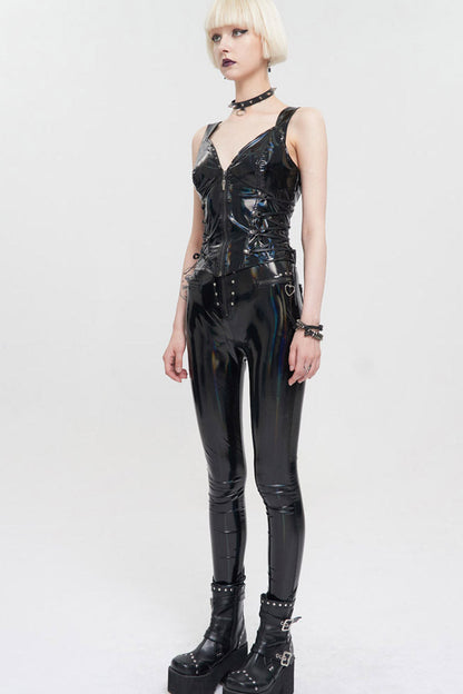 Womens Color-Shift Leather Waistcoat with Front Zip and Side Drawstrings