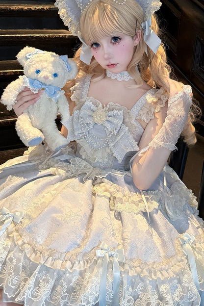 Blue Blossoming Heart Love Sleeveless Dark Jacquard Print Bow Lace Sweet Lolita Jsk Dress