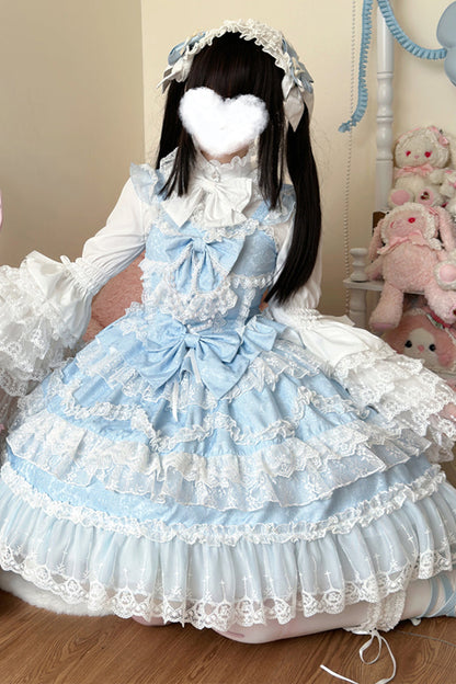 Azure Sleeveless Multilayer Ruffled Pearl Bow Lace Sweet Lolita JSK