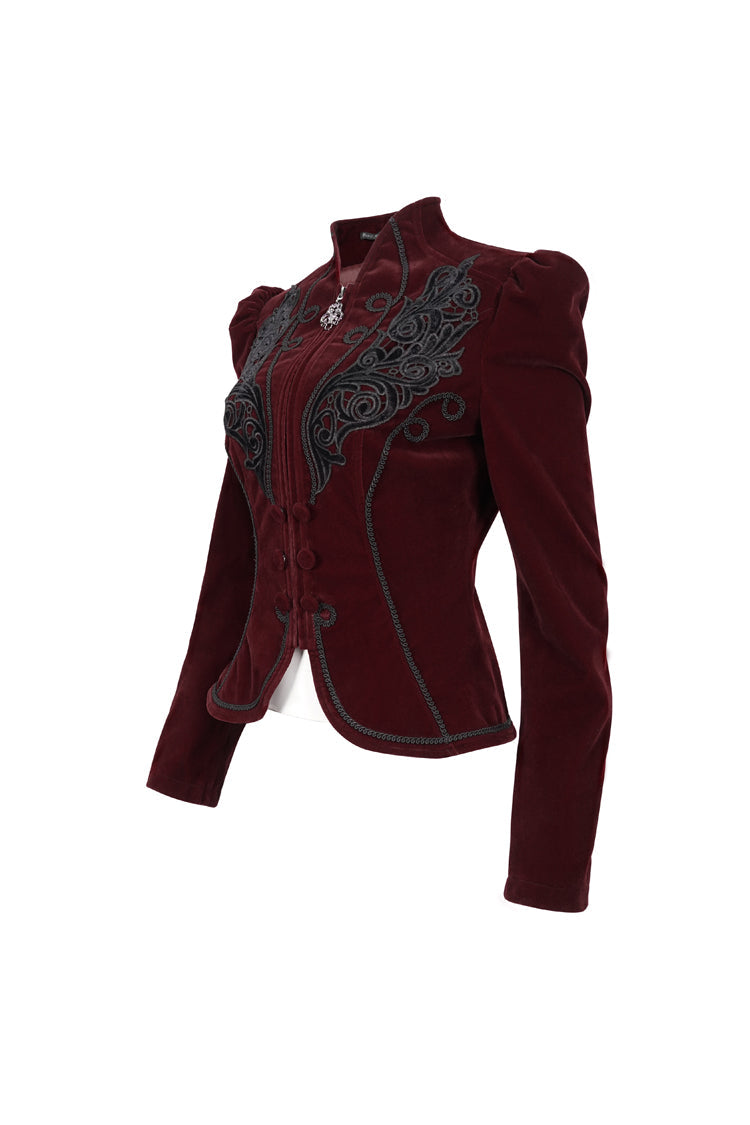 Crimson Mandarin Collar Velvet Chest Applique Pendant Zip Long Sleeve Goth Jacket