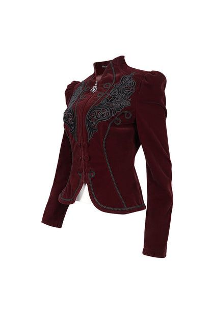 Crimson Mandarin Collar Velvet Chest Applique Pendant Zip Long Sleeve Goth Jacket