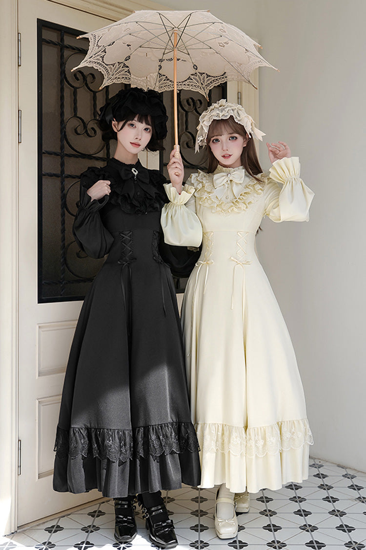 Stand Collar Gothic Dress with Long Sleeves and Lace-Up Ruffled Bow - Letters & Poems · Day and Night
