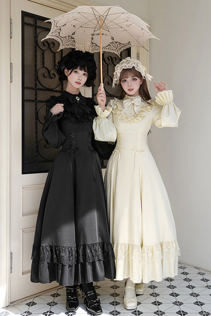 Stand Collar Gothic Dress with Long Sleeves and Lace-Up Ruffled Bow - Letters & Poems · Day and Night