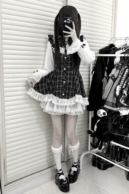 Lunar Eclipse Doll Plaid Printed Ruffled Bow Lace Sweet Jirai Kei Japanese Dress Shorts Set
