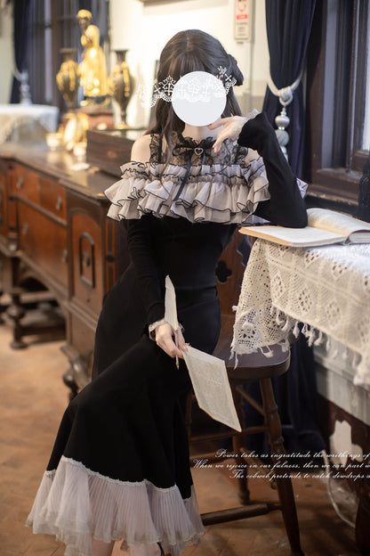 Ruffled Bowknot Fishtail Sweet Elegant Long-Sleeve Dress