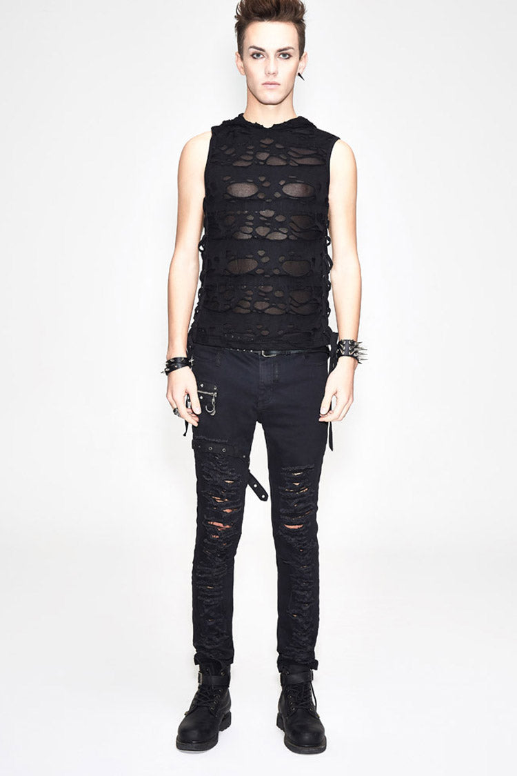 Edgy No-Sleeve Punk Tee with Distressed Ribbon Lacing