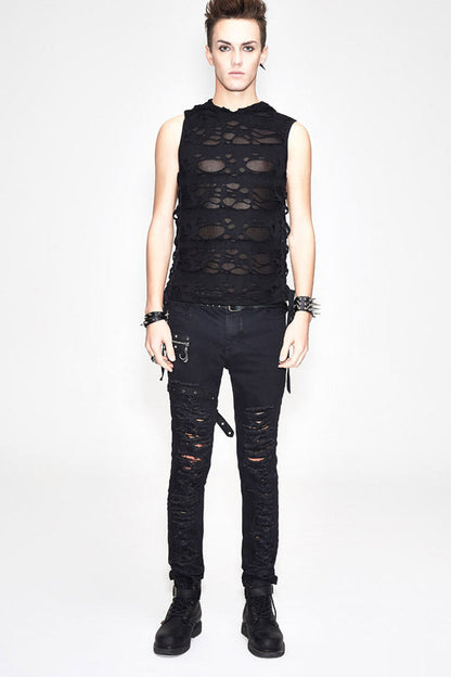 Edgy No-Sleeve Punk Tee with Distressed Ribbon Lacing