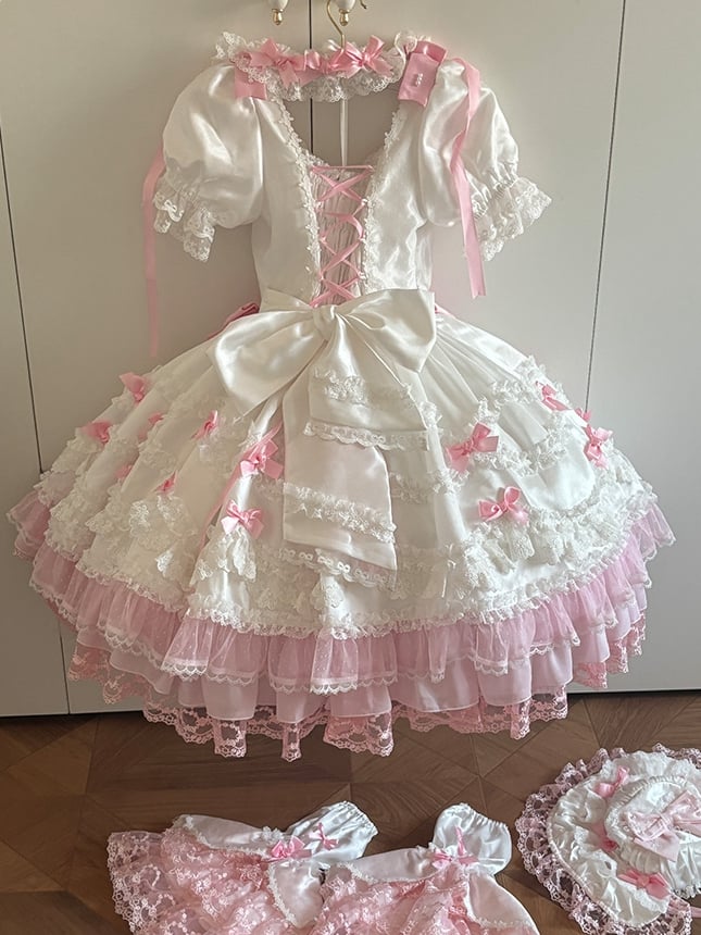 Pink Bow Accents White High Waist Sweet Princess Lolita Dress with Detachable Sleeves