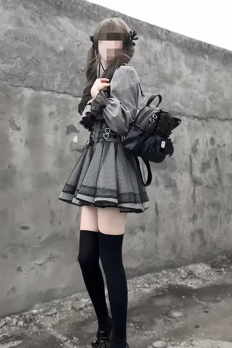 Grey Houndstooth Printed Ruffled Lace-Up Japanese Set
