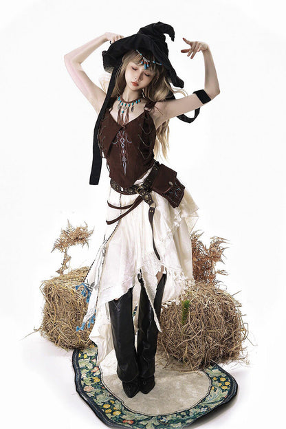 Brown White Dune Shadow Seeker Sleeveless Ruffle Embroidered Irregular Vintage Lolita Skirt Set
