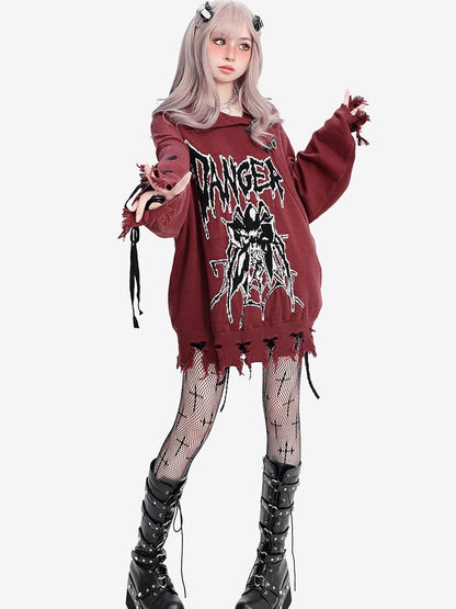 Y2K Dark Red Spider Pattern Distress Trim Loose Sweater Lace-up Detail Sleeves