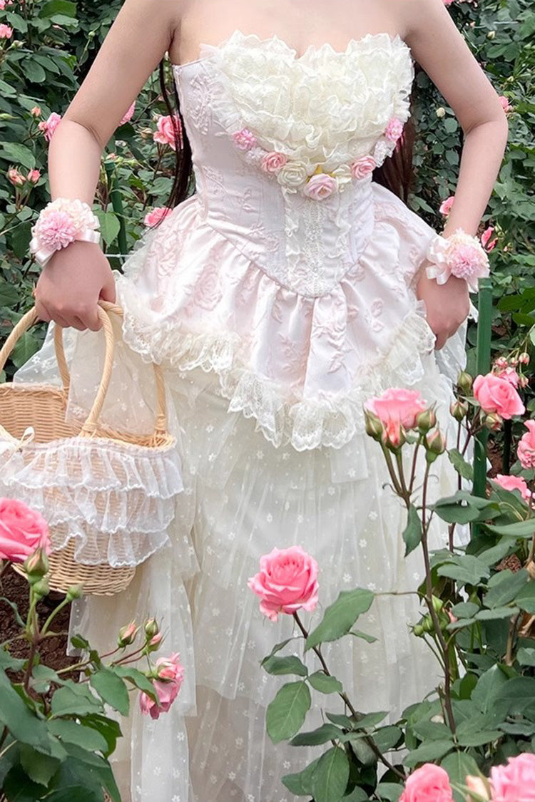 Pink Floral Love Ruffle Bow Lace Elegant Lolita Maxi Set
