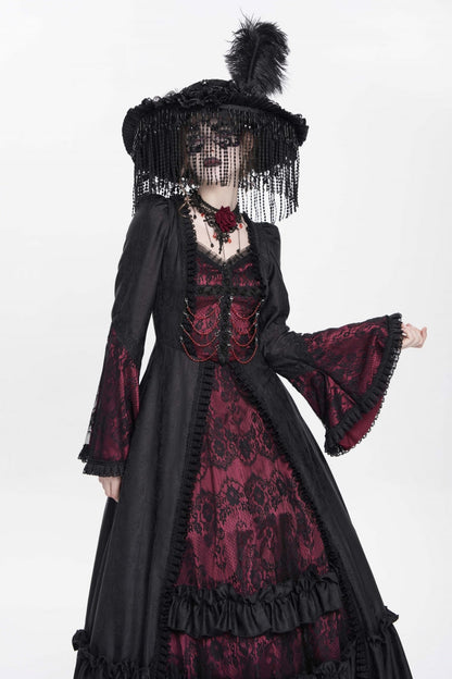Long Sleeve Floral Embroidery Lace-Up Pleated Gothic Dress