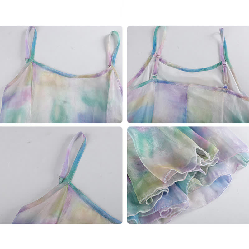 Sweet Tie Dye Fringed Cardigan Sweater Chiffon Slip Dress