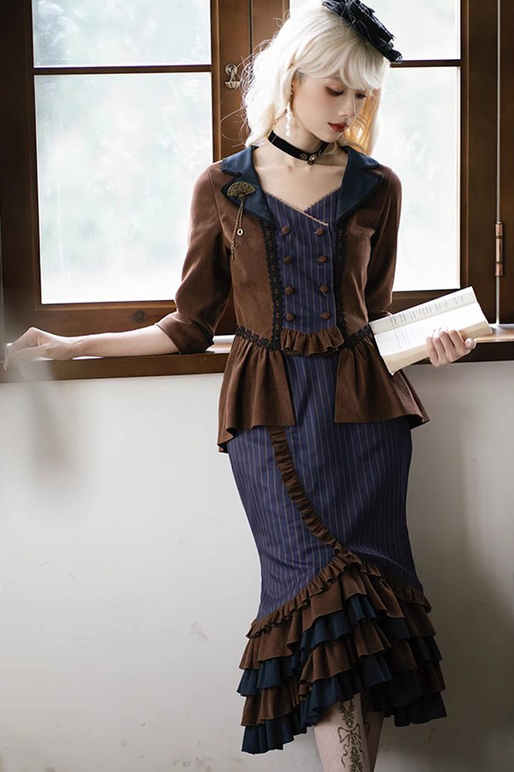 Blue Brown Time Traveler Long Sleeves Multi-Layer Print Ruffle Punk Mermaid Skirt Set