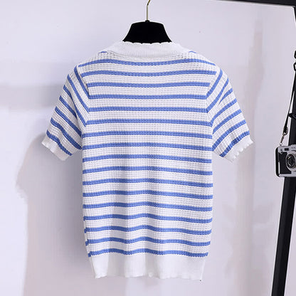 Skirt Stripe High Waist Denim Blue T-Shirt Knitted