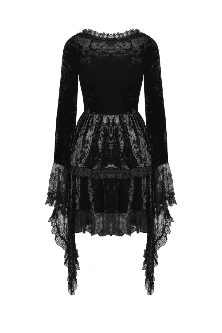Long Trumpet Sleeve Lace Spliced Black Gothic Velvet Dress