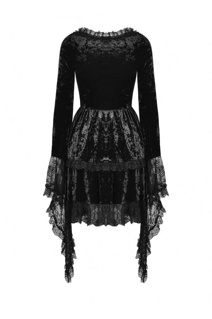 Long Trumpet Sleeve Lace Spliced Black Gothic Velvet Dress