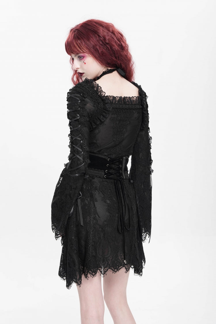 Square Collar Trumpet Sleeve Embroidered Lace-Up Gothic Dress