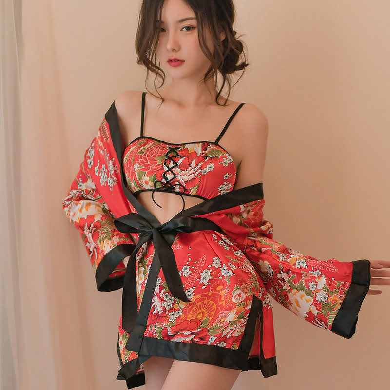 Vintage Blossom Print Lace Up Kimono Lingerie Set