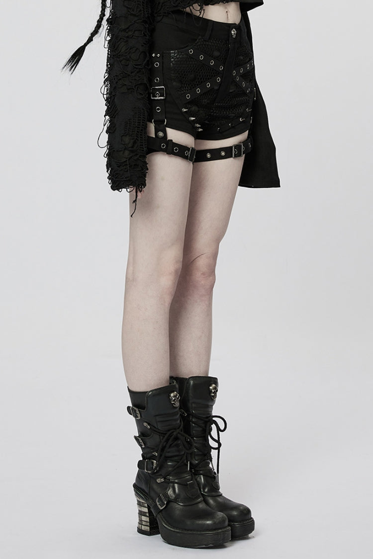 Steampunk Women's Shorts with Faux Leather Stitching Mesh and Buckles