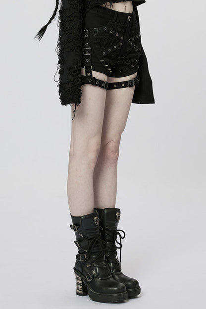 Steampunk Women's Shorts with Faux Leather Stitching Mesh and Buckles