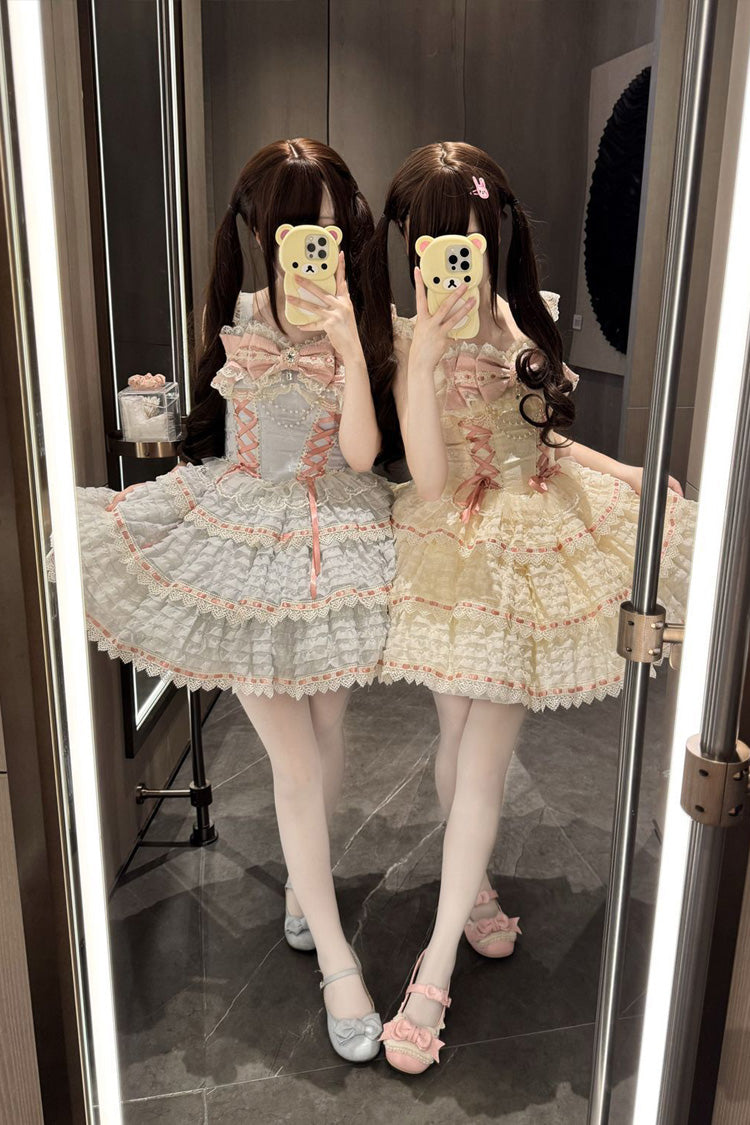 Blue Floral Letters Song Sleeveless Triple-Layered Bow Lace-Up Sweet Lolita Jsk Dress