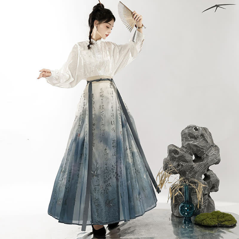 Vintage Long Sleeve Jacquard Shirt Character Print Pleated Skirt