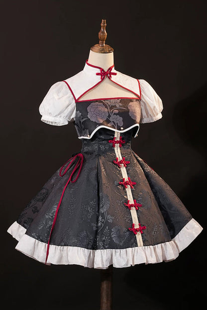 Krul Tepes Seraph of the End Stand Collar Short Sleeves Ruffled Embroidered Bow Classic Chinese Inspired Lolita Hanfu Dress