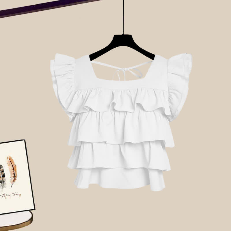 Up Top Blue Collar Pantskirt Sqaure Layered Lace