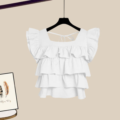 Up Top Blue Collar Pantskirt Sqaure Layered Lace