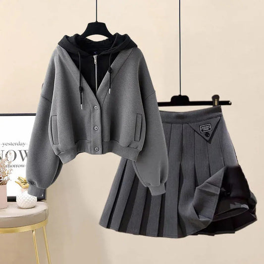 Casual Pocket Hoodie Pleated Skirt Set