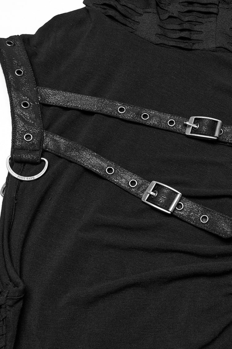 Ruched Punk Sleeveless Hooded Vest with Rips - NoirEdge
