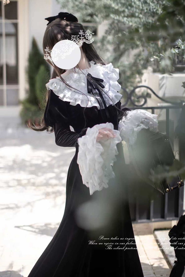 Velvet Gothic Elegant Fishtail Dress with Long Hime Sleeves and Bow - Raven-Feather Poetic Letter