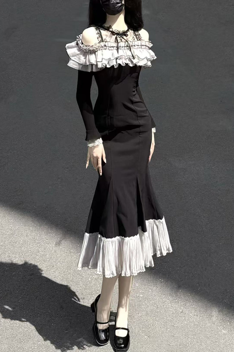 Ruffled Bowknot Fishtail Sweet Elegant Long-Sleeve Dress