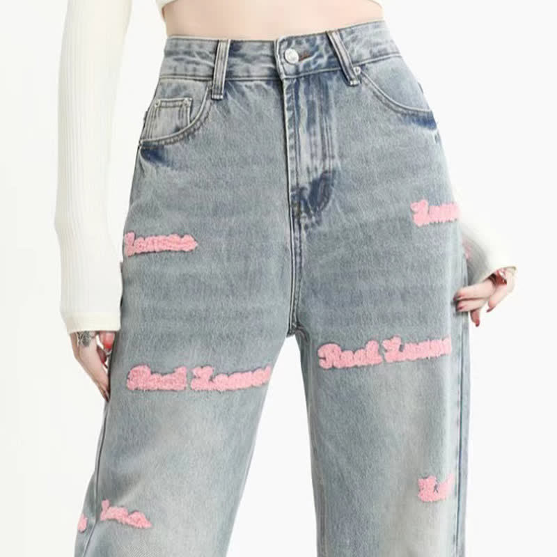 Rosa Neckholder-Top, lockeres Laple-Shirt, Jeanshose mit Buchstabenstickerei