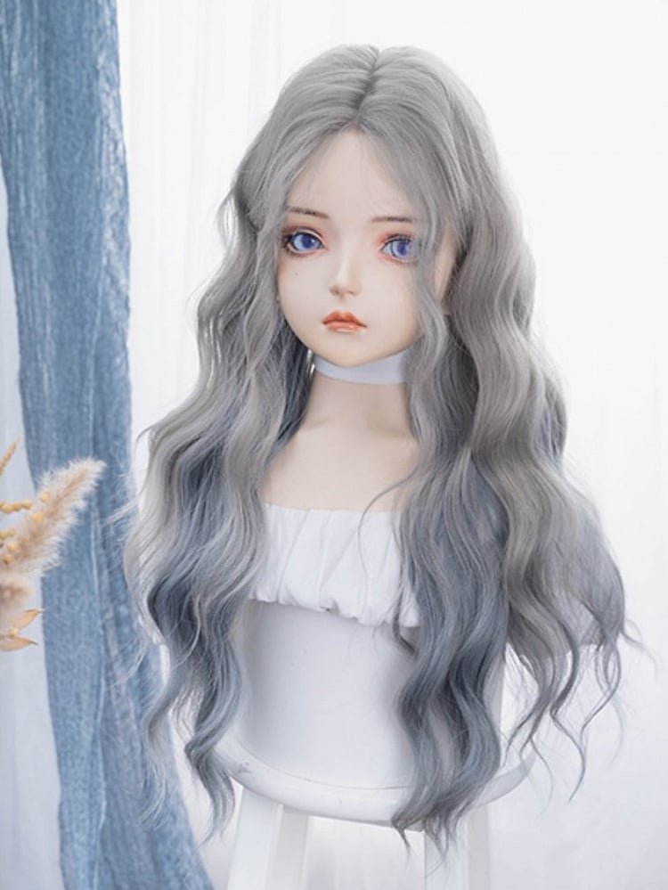 Blue-Grey Long Wavy Synthetic Wig With Bangs