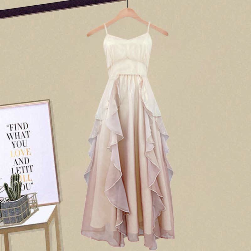 Two Pieces A-line Flouncing Knit Slip Dress Cross Sweater