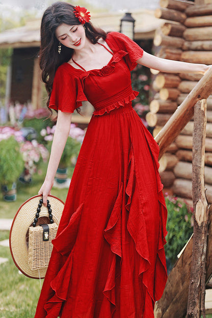 Red Square Collar Halter Short Sleeves High Waist Ruffle Gothic Vintage Lolita Long Skirt Set