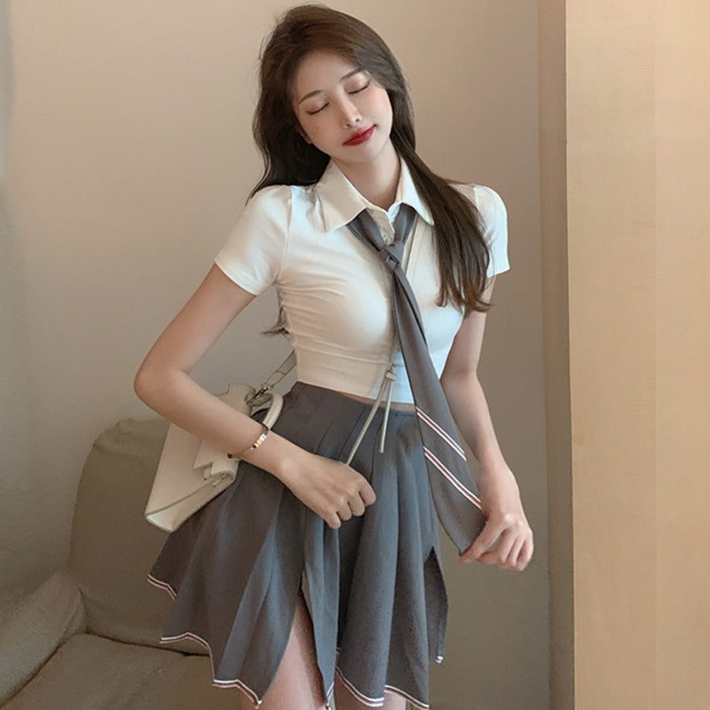 JK Tie T-Shirt Split Pleated Skirt Set