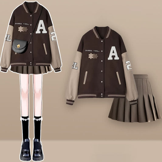 Brown Letter Baseball Jacket Pleated Skirt Set