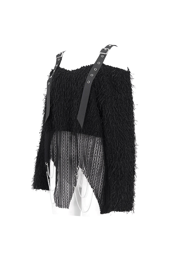 Off-Shoulder Fluffy Black Sweater Punk Women's Asymmetric Style