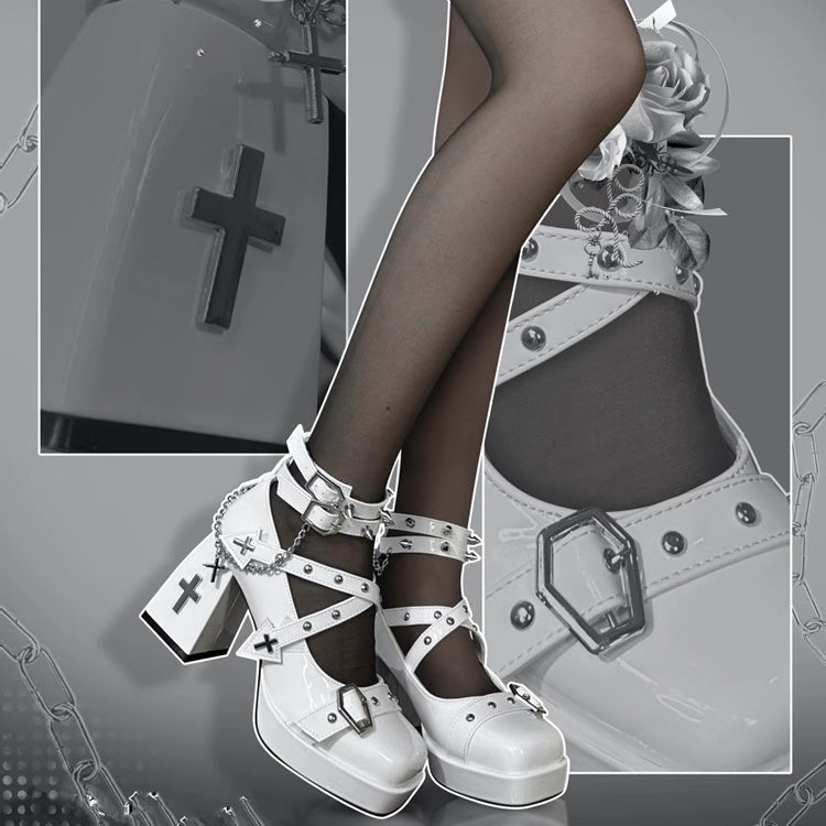Gothic Punk Princess Lolita High Heels with Chain Cross Detail in Two Shades