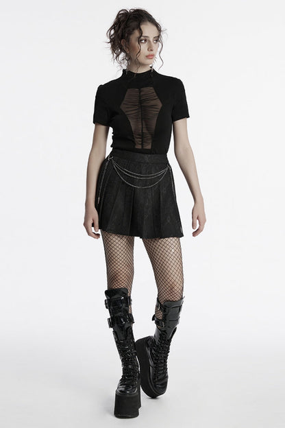 Chain-Adorned Pleated Punk Skirt with Lace Trim