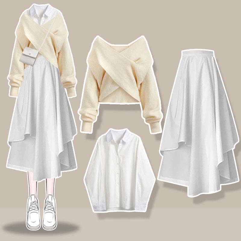 Sweet Cross Knit Sweater Lapel Shirt Irregular Skirt Set