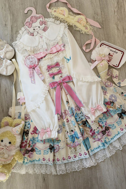 Sunny Bear Print Ruffled Bow Lace Princess JSK Outfit